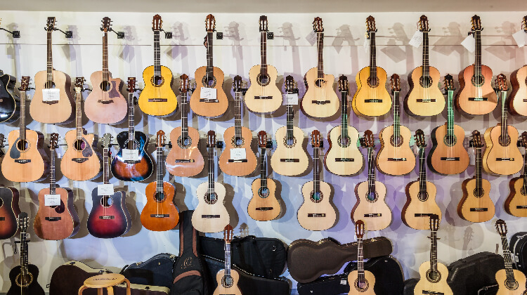 Acoustic guitars on the wall